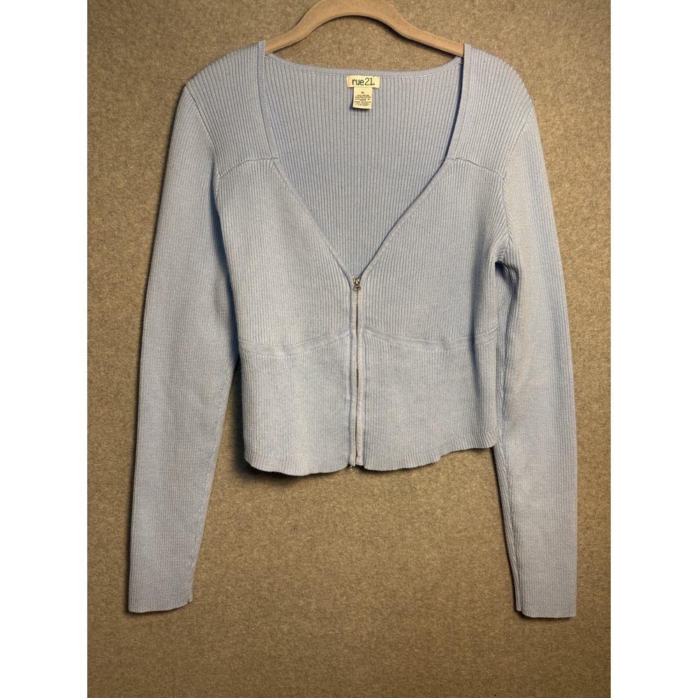 Rue21 Ribbed Zip Front Top XL Y2K Baby Blue Knit Cardigan Shirt